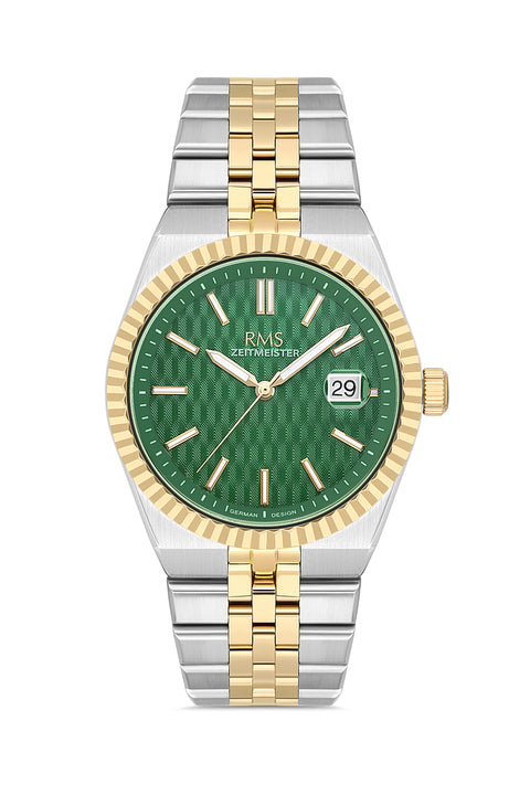 RMS Zeitmeister AG2173.49 men's watch with green dial, two-tone case and stainless steel bracelet – front view