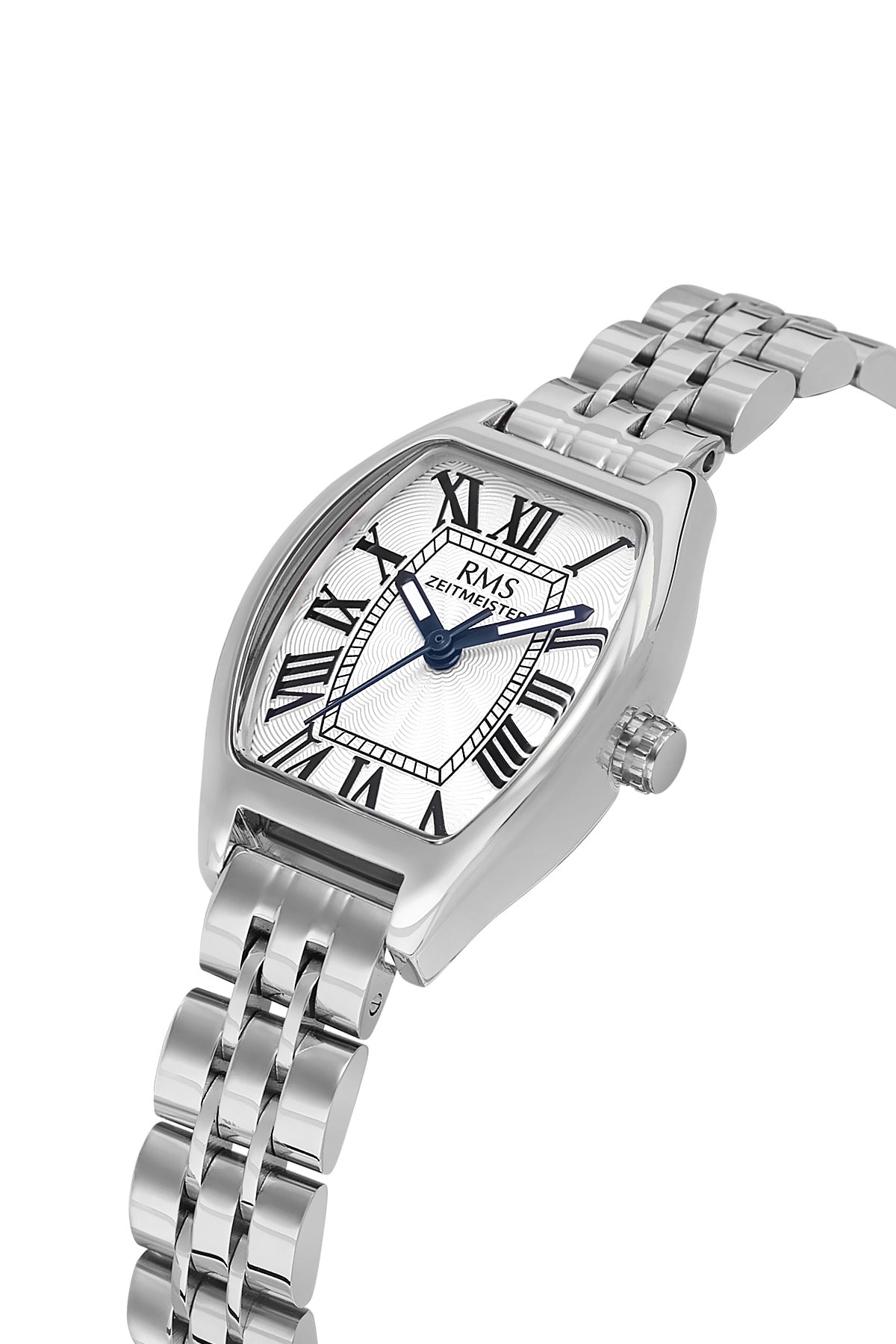 RMS Zeitmeister AG2177.10 women's watch with white dial, silver-tone case and stainless steel bracelet – angled view