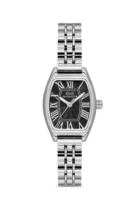 RMS Zeitmeister AG2177.12 women's watch with black dial, silver-tone case and stainless steel bracelet – front view