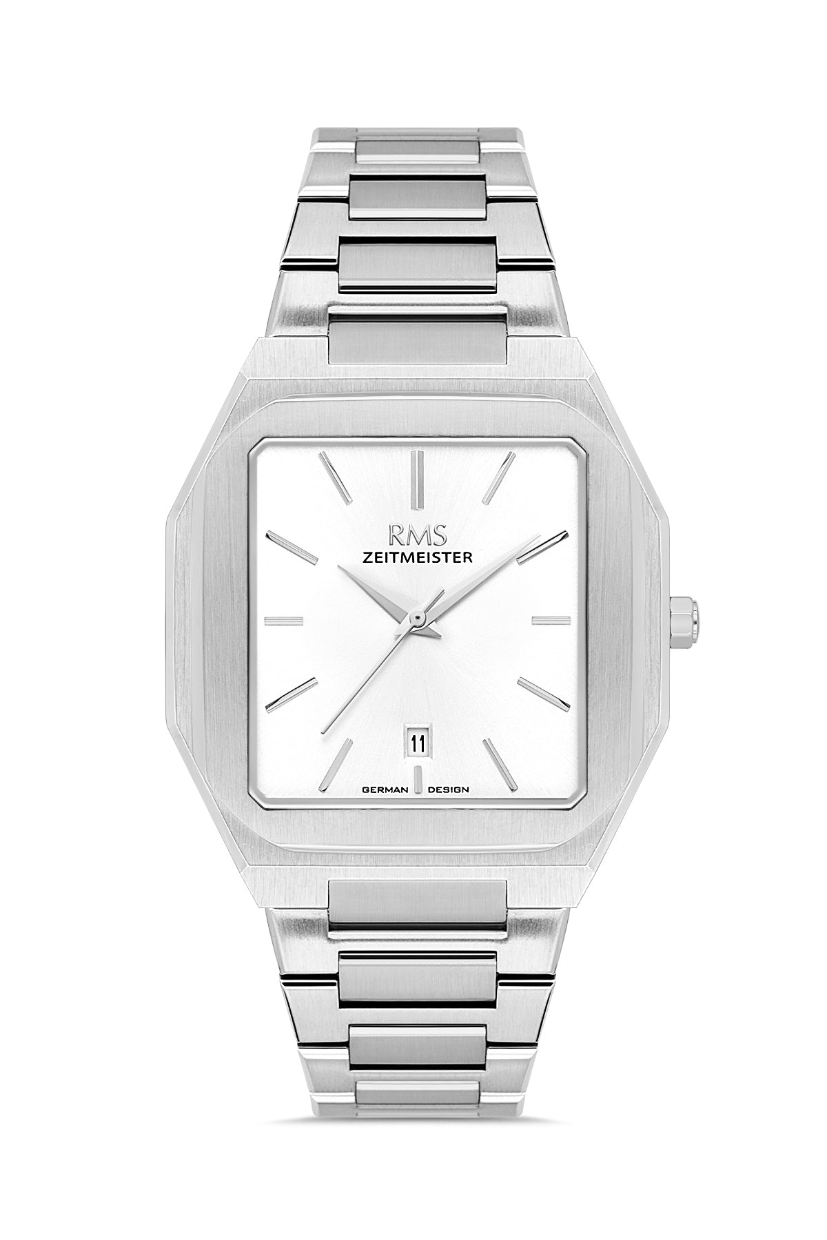 RMS Zeitmeister AG2181.10 men's watch with white dial, silver-tone case and stainless steel bracelet – front view