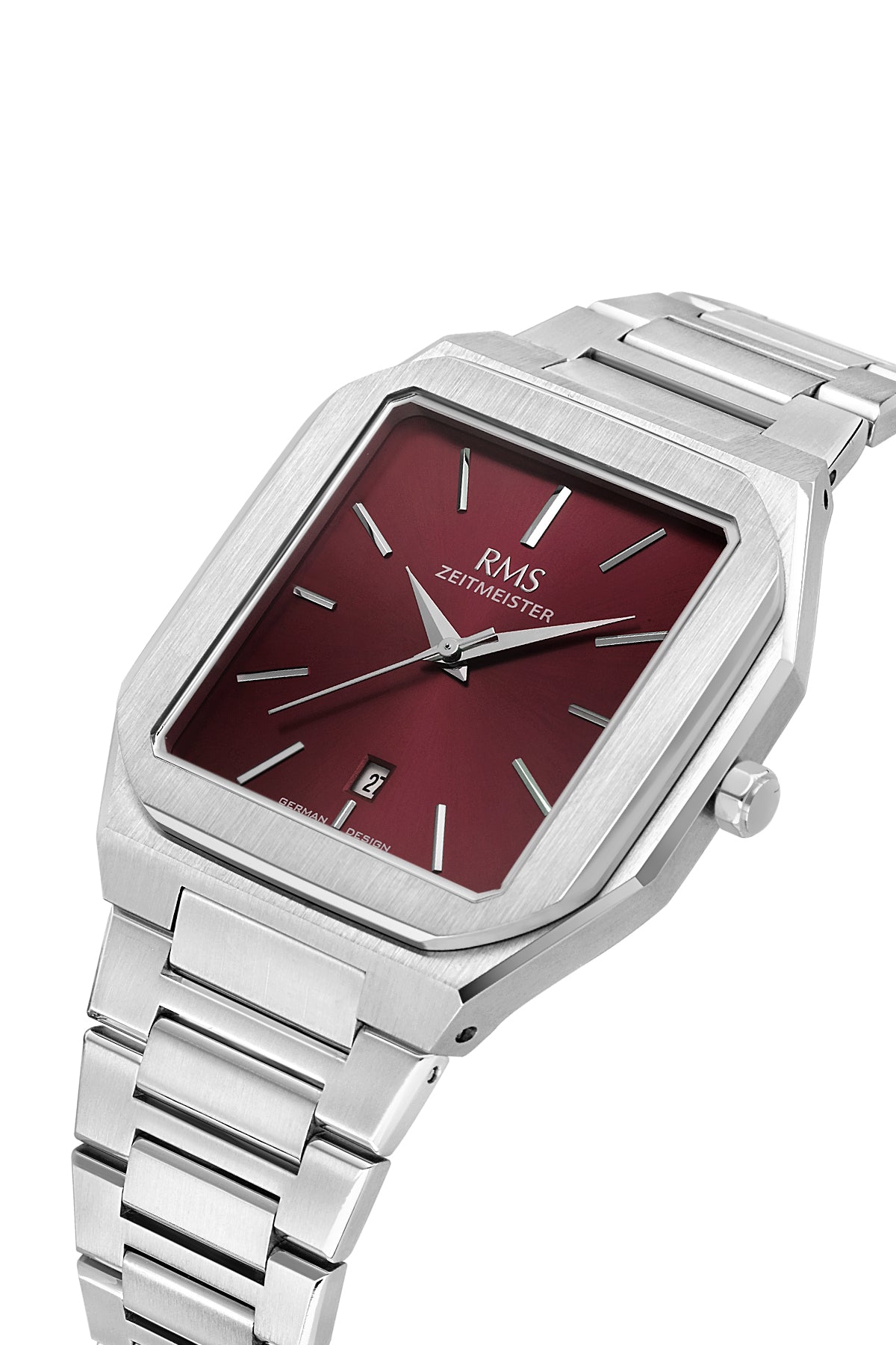 RMS Zeitmeister AG2181.113 men's watch with burgundy dial, silver-tone case and stainless steel bracelet – angled view