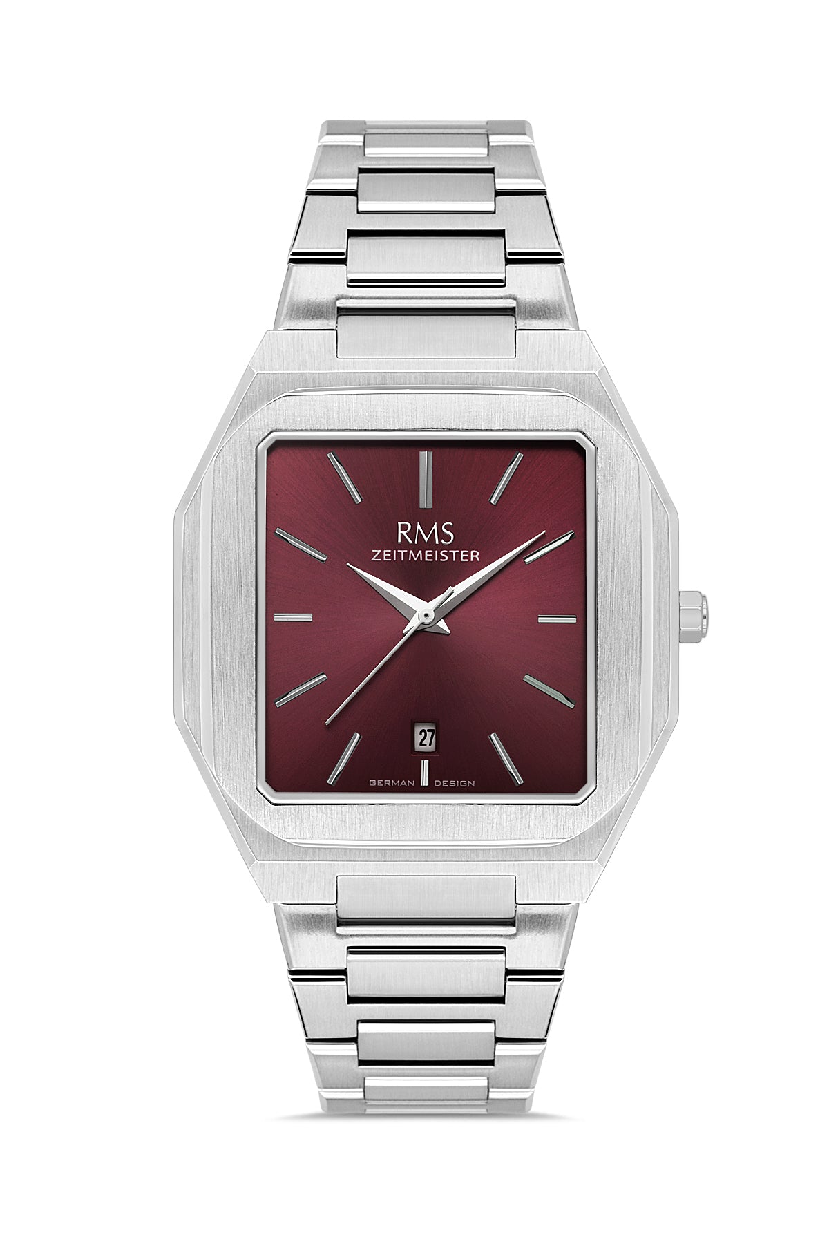 RMS Zeitmeister AG2181.113 men's watch with burgundy dial, silver-tone case and stainless steel bracelet – front view
