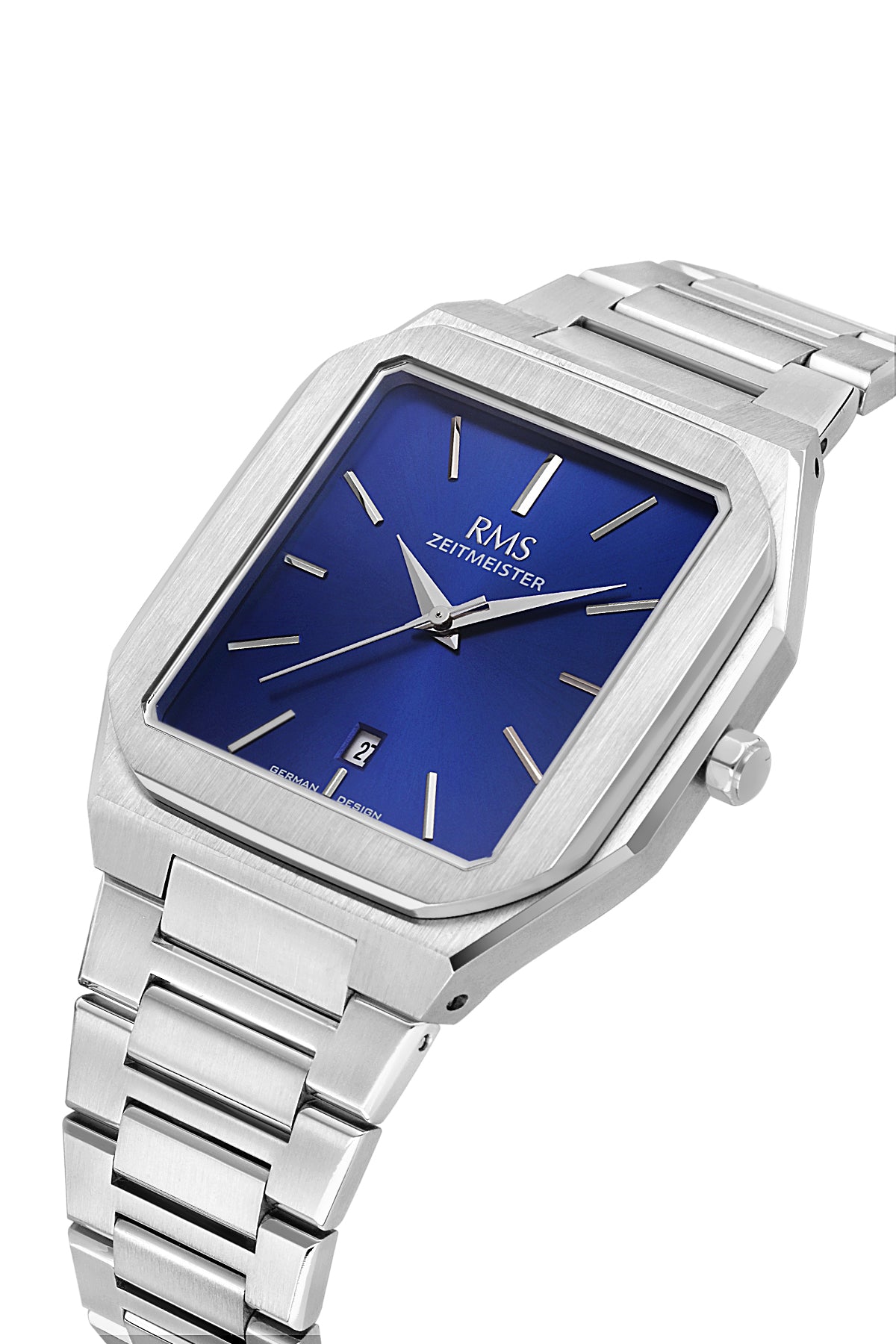 RMS Zeitmeister AG2181.13 men's watch with blue dial, silver-tone case and stainless steel bracelet – angled view
