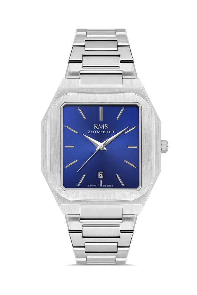 RMS Zeitmeister AG2181.13 men's watch with blue dial, silver-tone case and stainless steel bracelet – front view