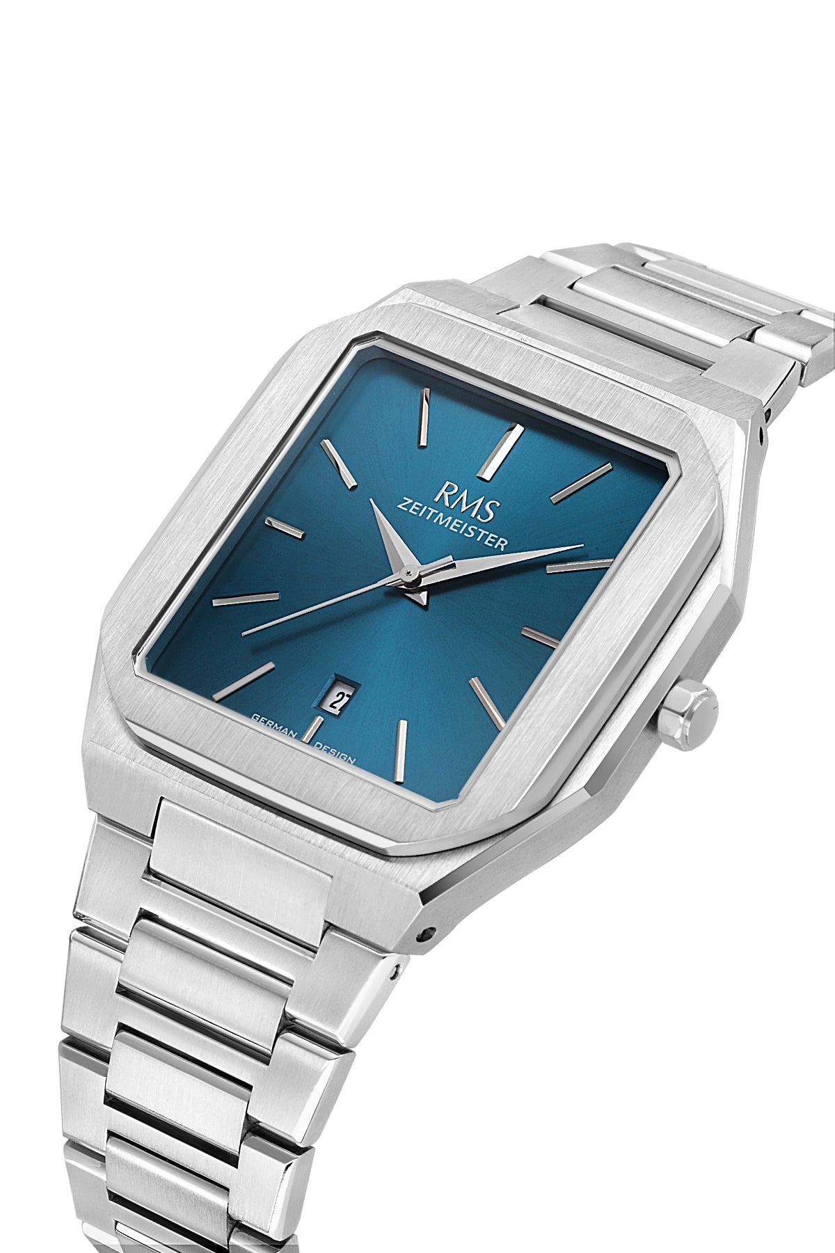 RMS Zeitmeister AG2181.14 men's watch with teal dial, silver-tone case and stainless steel bracelet – angled view