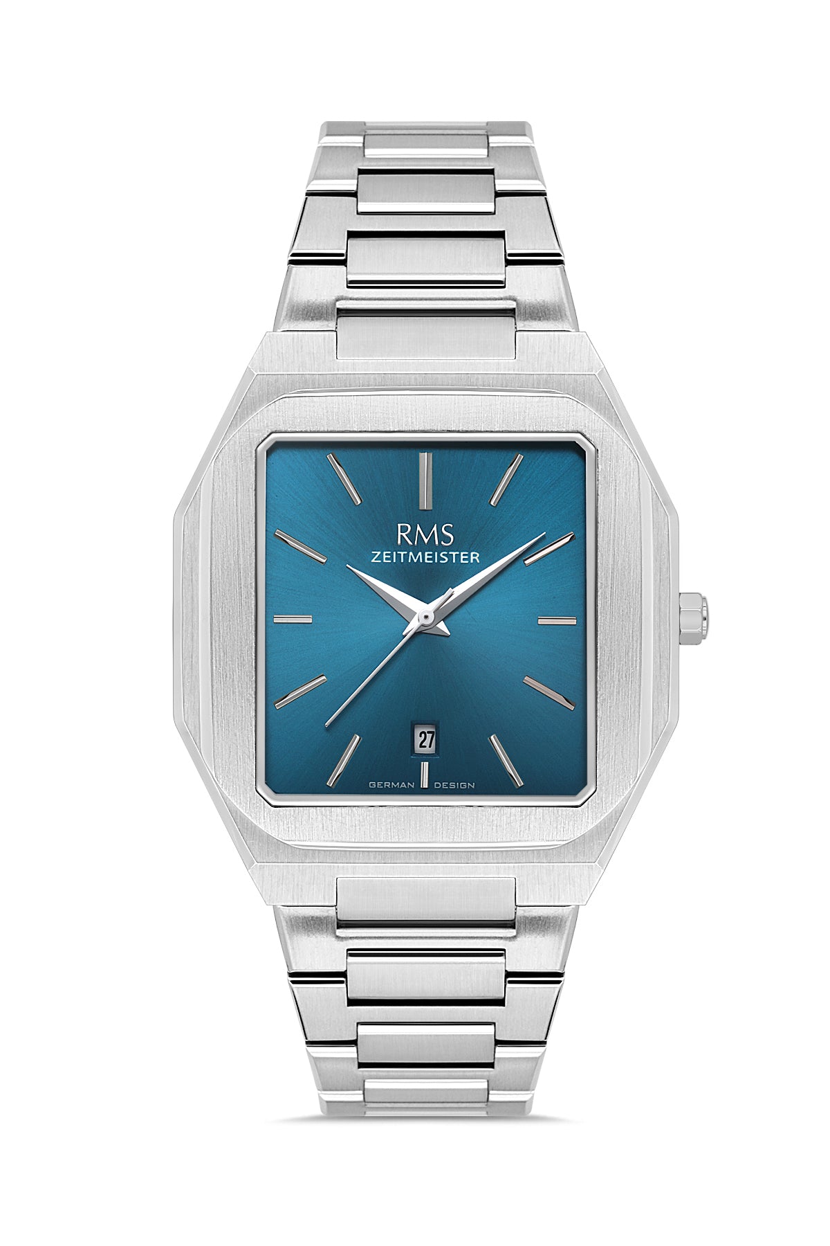 RMS Zeitmeister AG2181.14 men's watch with teal dial, silver-tone case and stainless steel bracelet – front view