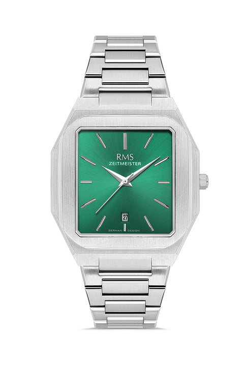 RMS Zeitmeister AG2181.19 men's watch with green dial, silver-tone case and stainless steel bracelet – front view