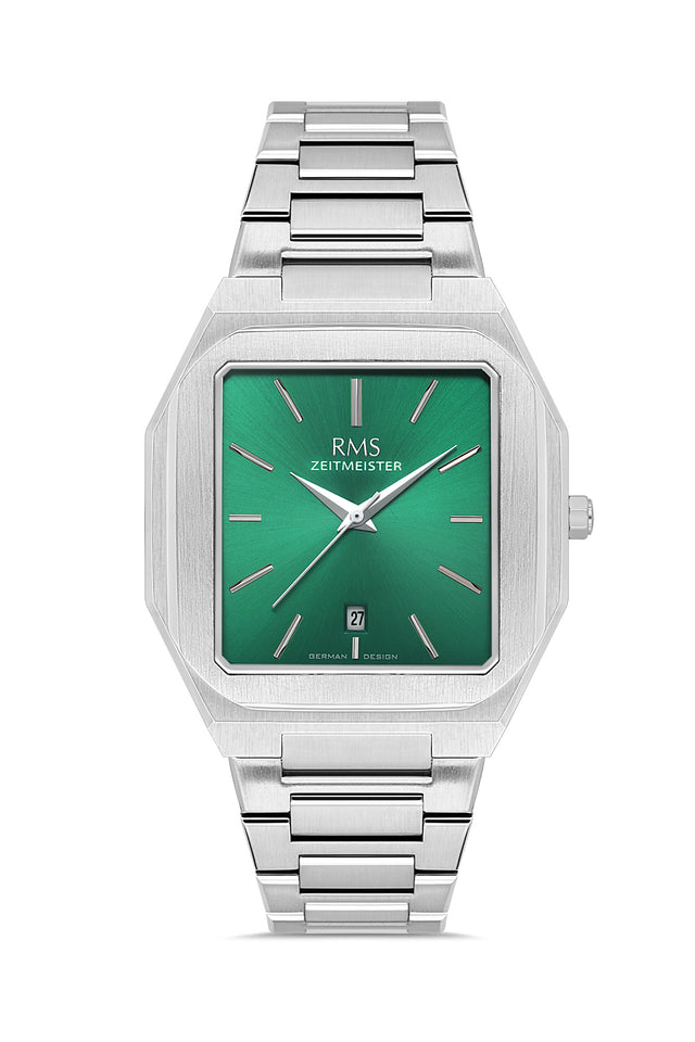 RMS Zeitmeister AG2181.19 men's watch with green dial, silver-tone case and stainless steel bracelet – front view