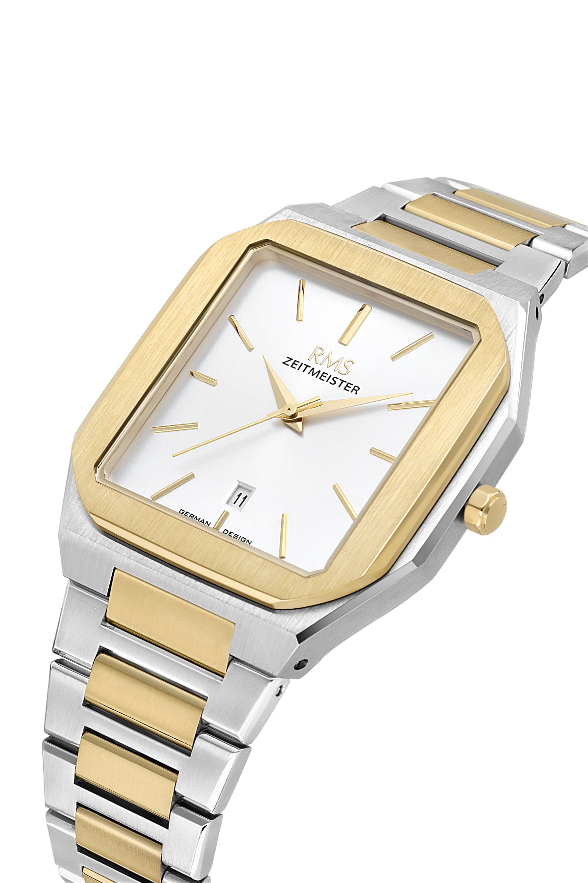 RMS Zeitmeister AG2181.40 men's watch with white dial, two-tone case and stainless steel bracelet – angled view