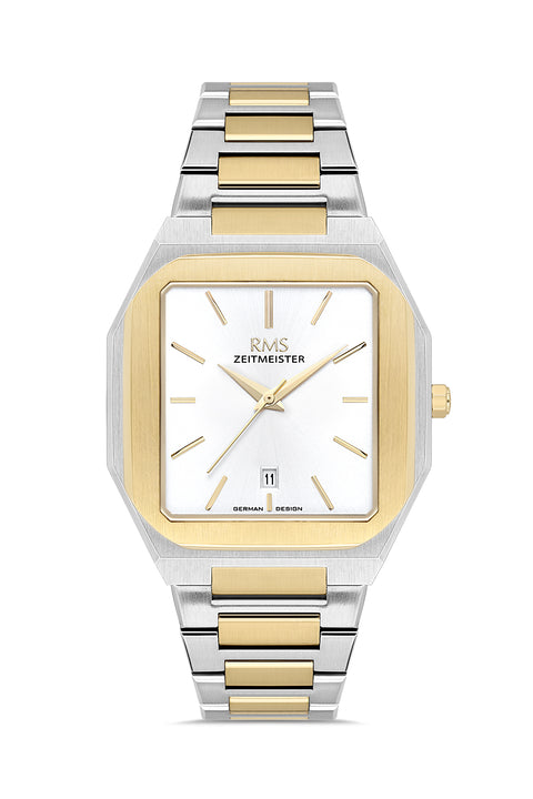 RMS Zeitmeister AG2181.40 men's watch with white dial, two-tone case and stainless steel bracelet – front view