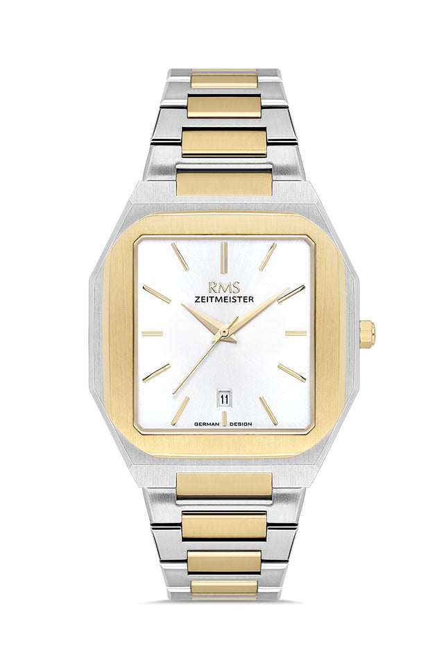 RMS Zeitmeister AG2181.40 men's watch with white dial, two-tone case and stainless steel bracelet – front view