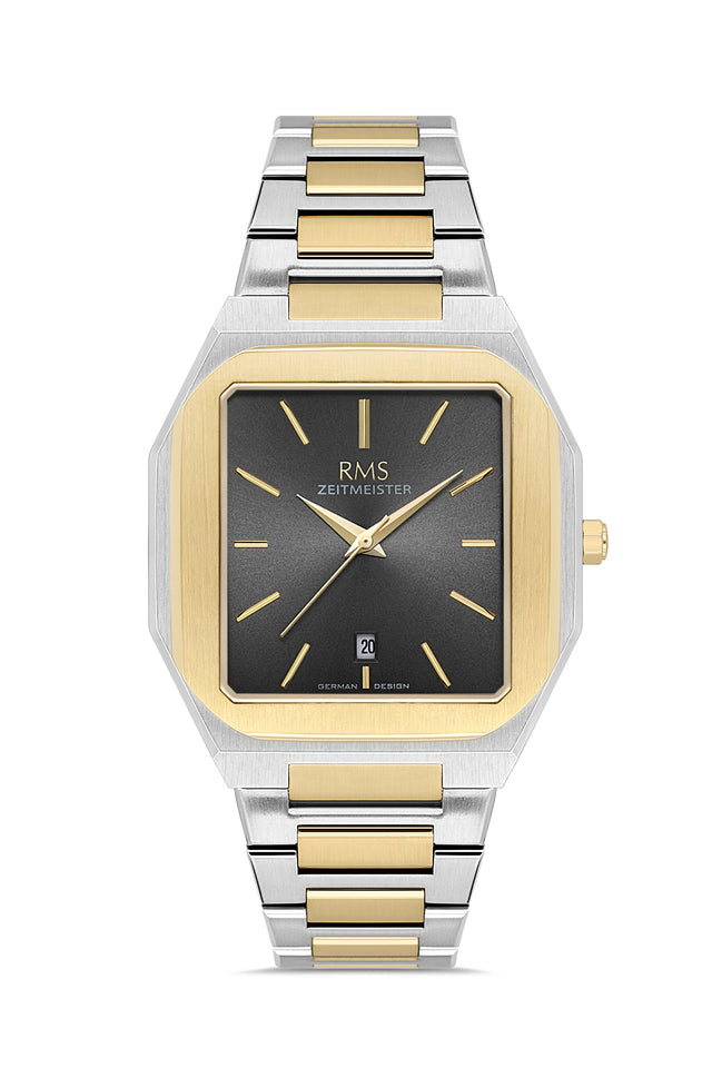 RMS Zeitmeister AG2181.42 men's watch with black dial, two-tone case and stainless steel bracelet – front view
