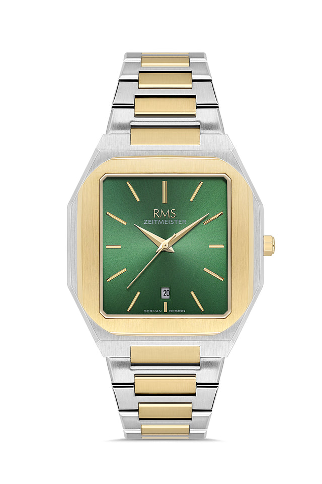 RMS Zeitmeister AG2181.49 men's watch with green dial, two-tone case and stainless steel bracelet – front view