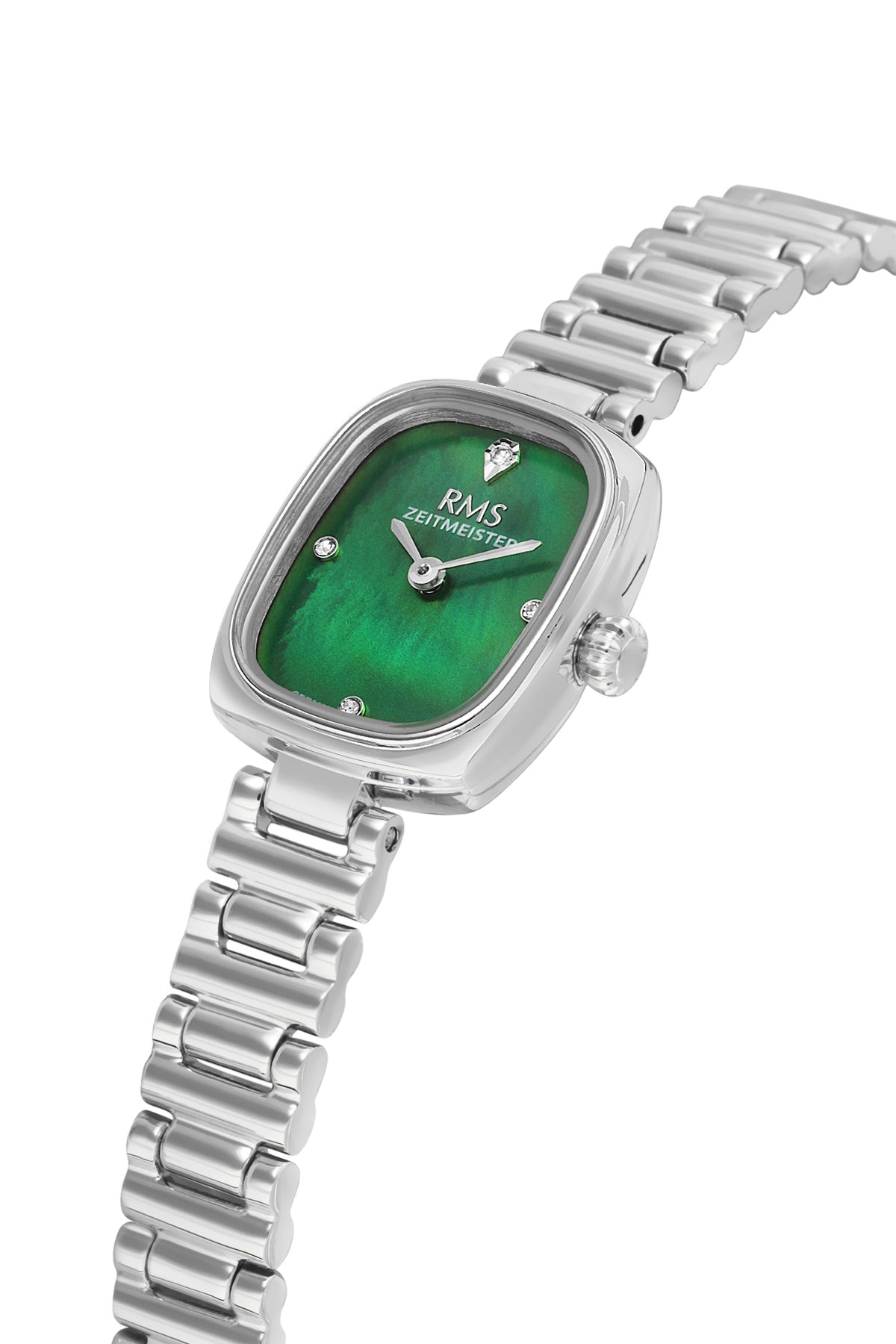 RMS Zeitmeister AG2189.19 women's watch with green mother-of-pearl dial, silver-tone case and stainless steel bracelet – angled view
