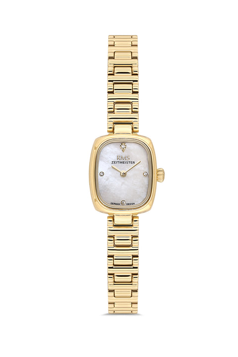 RMS Zeitmeister AG2189.20 women's watch with white mother-of-pearl dial, gold-tone case and stainless steel bracelet – front view