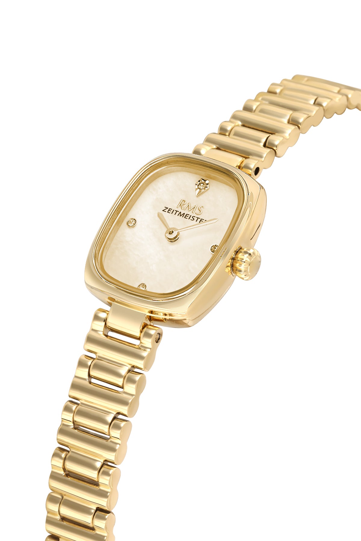 RMS Zeitmeister AG2189.25 women's watch with gold mother-of-pearl dial, gold-tone case and stainless steel bracelet – angled view