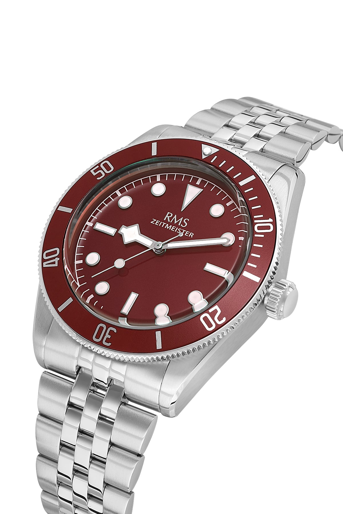 RMS Zeitmeister AG2192.113 men's watch with burgundy dial, silver-tone case and stainless steel bracelet – angled view