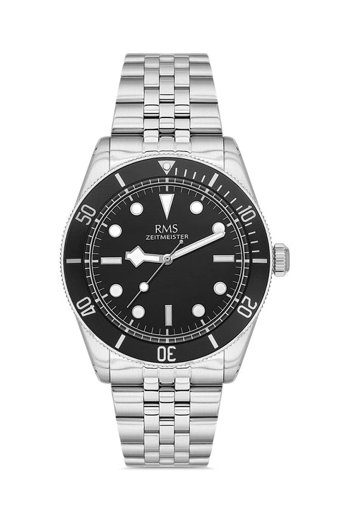 RMS Zeitmeister AG2192.12 men's watch with black dial, silver-tone case and stainless steel bracelet – front view
