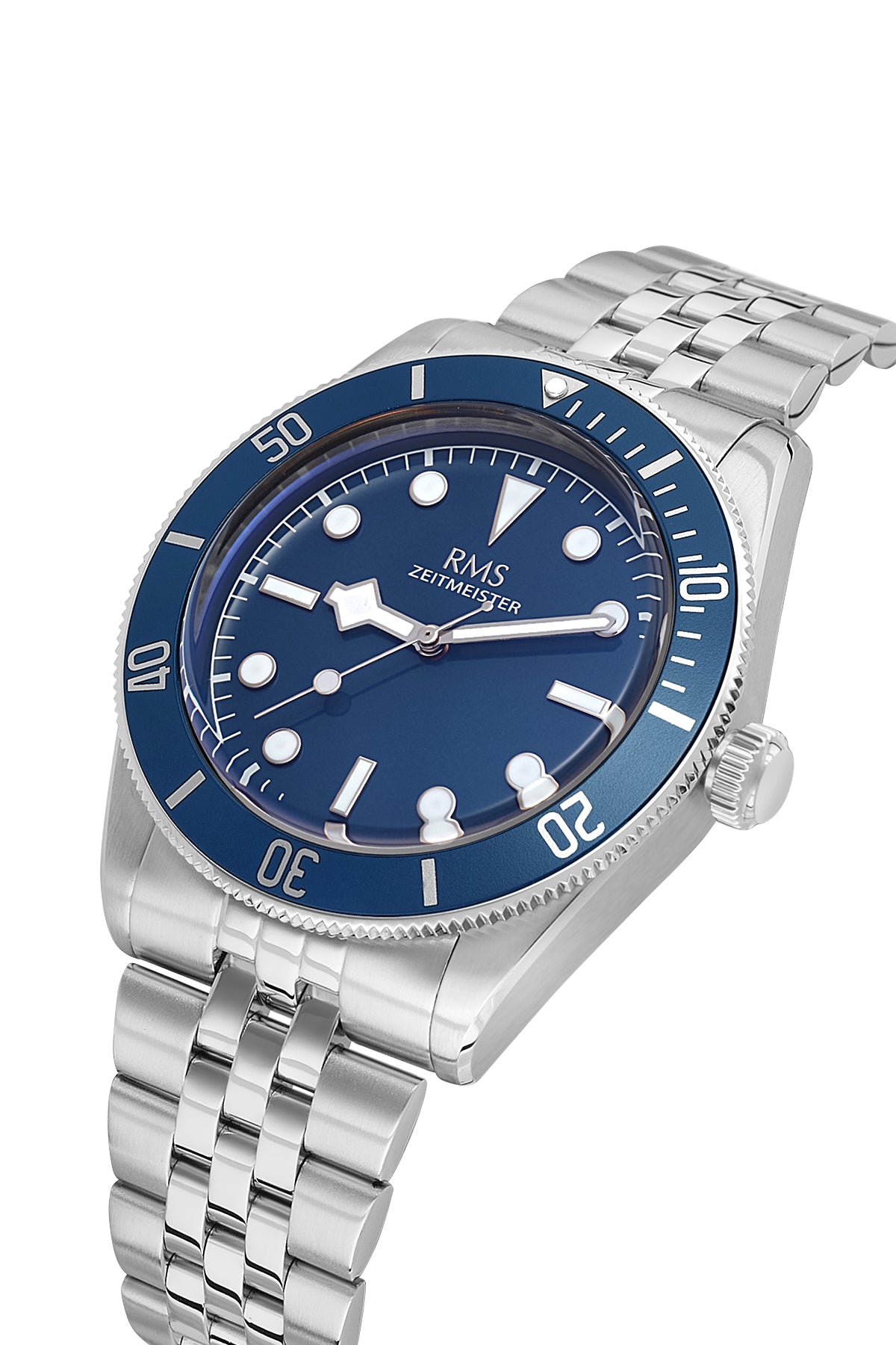 RMS Zeitmeister AG2192.13 men's watch with blue dial, silver-tone case and stainless steel bracelet – angled view