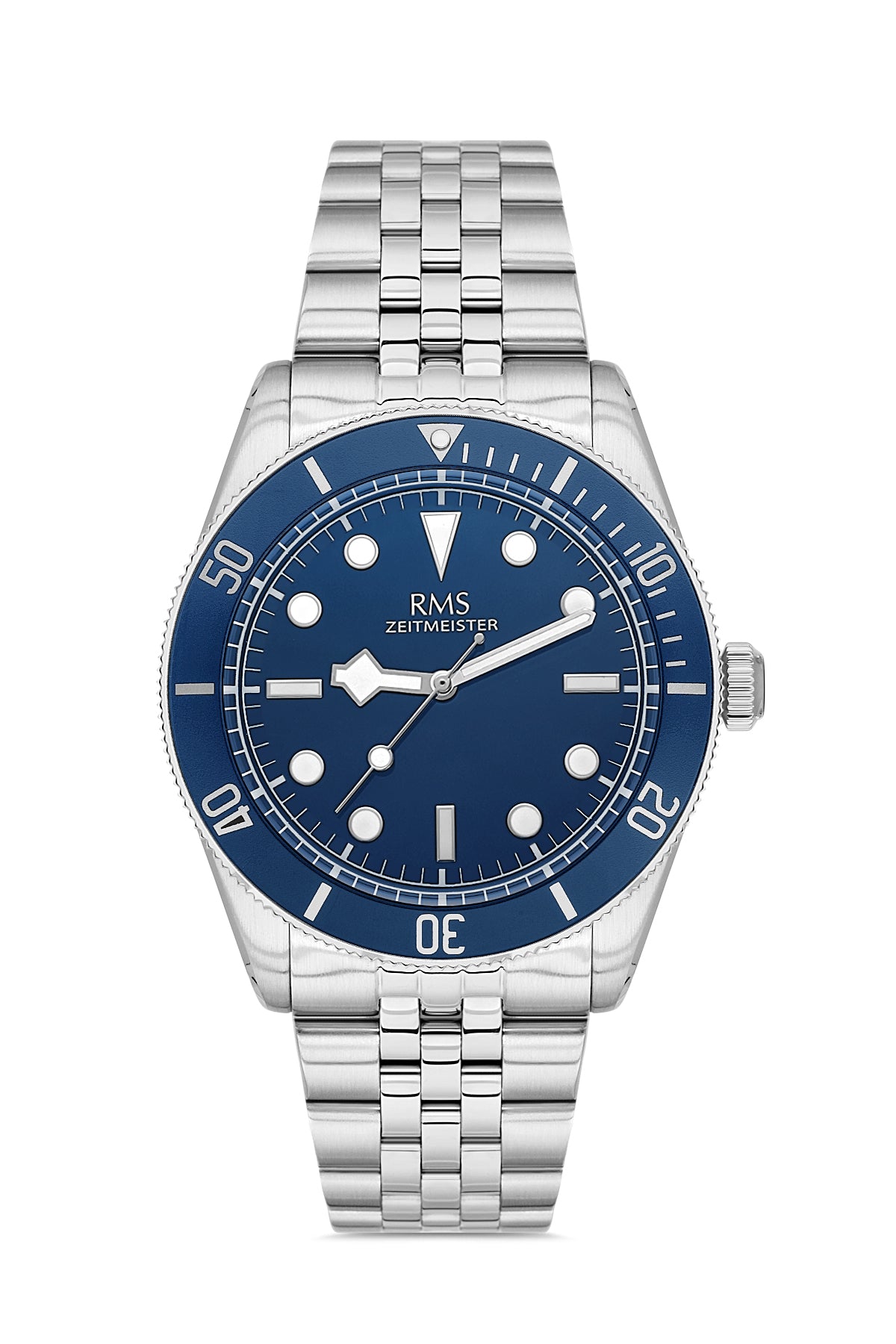 RMS Zeitmeister AG2192.13 men's watch with blue dial, silver-tone case and stainless steel bracelet – front view