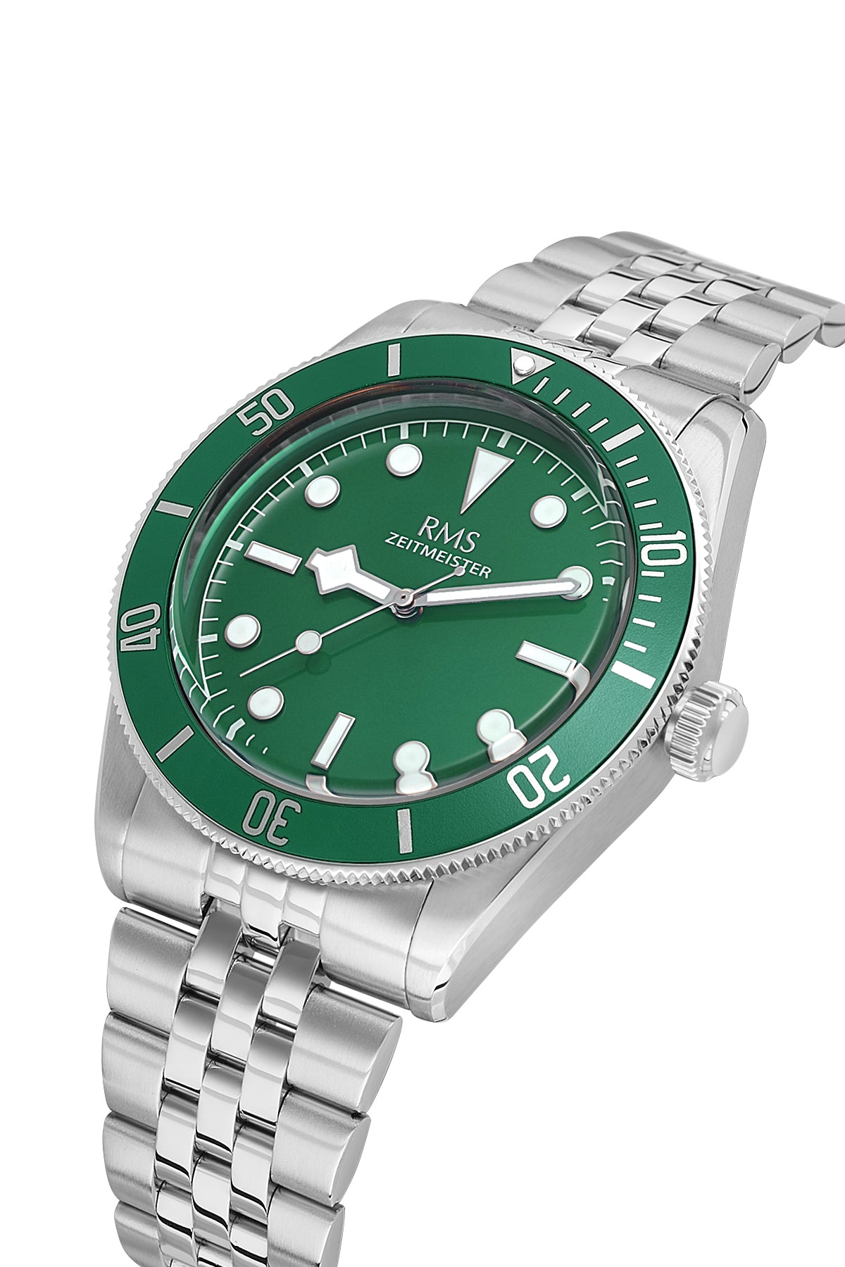RMS Zeitmeister AG2192.19 men's watch with green dial, silver-tone case and stainless steel bracelet – angled view