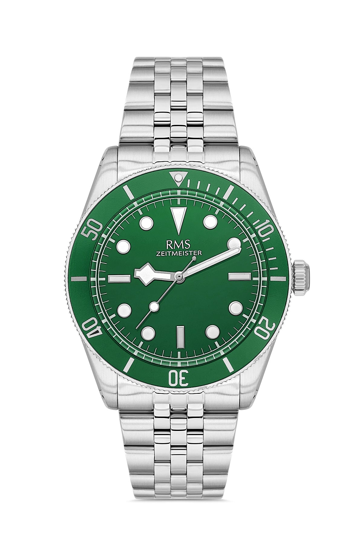 RMS Zeitmeister AG2192.19 men's watch with green dial, silver-tone case and stainless steel bracelet – front view