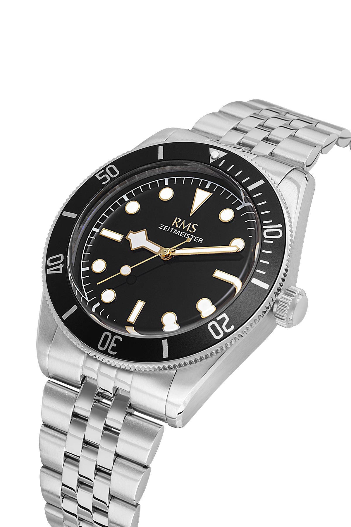 RMS Zeitmeister AG2192.92 men's watch with black dial, silver-tone case and stainless steel bracelet – angled view
