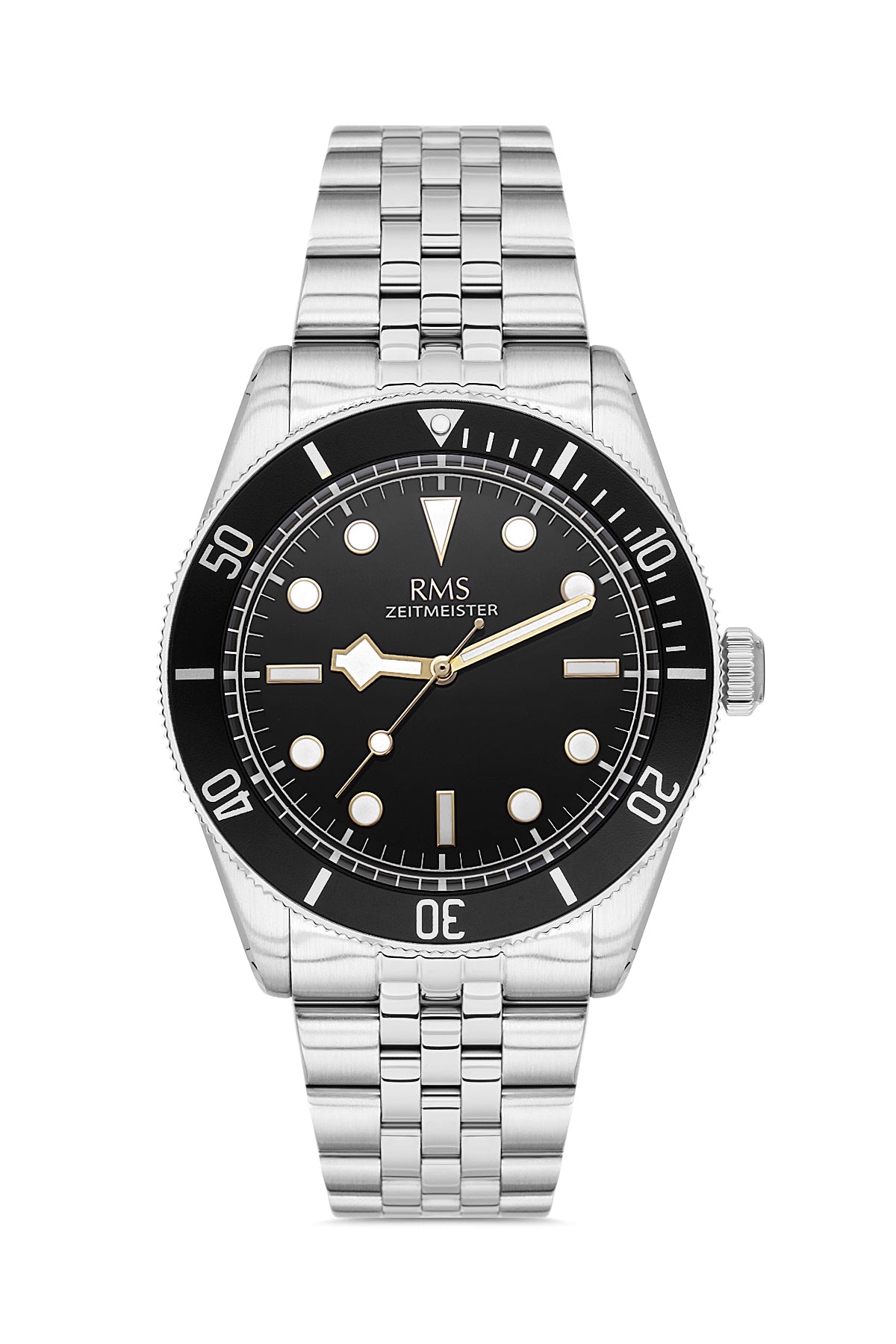 RMS Zeitmeister AG2192.92 men's watch with black dial, silver-tone case and stainless steel bracelet – front view