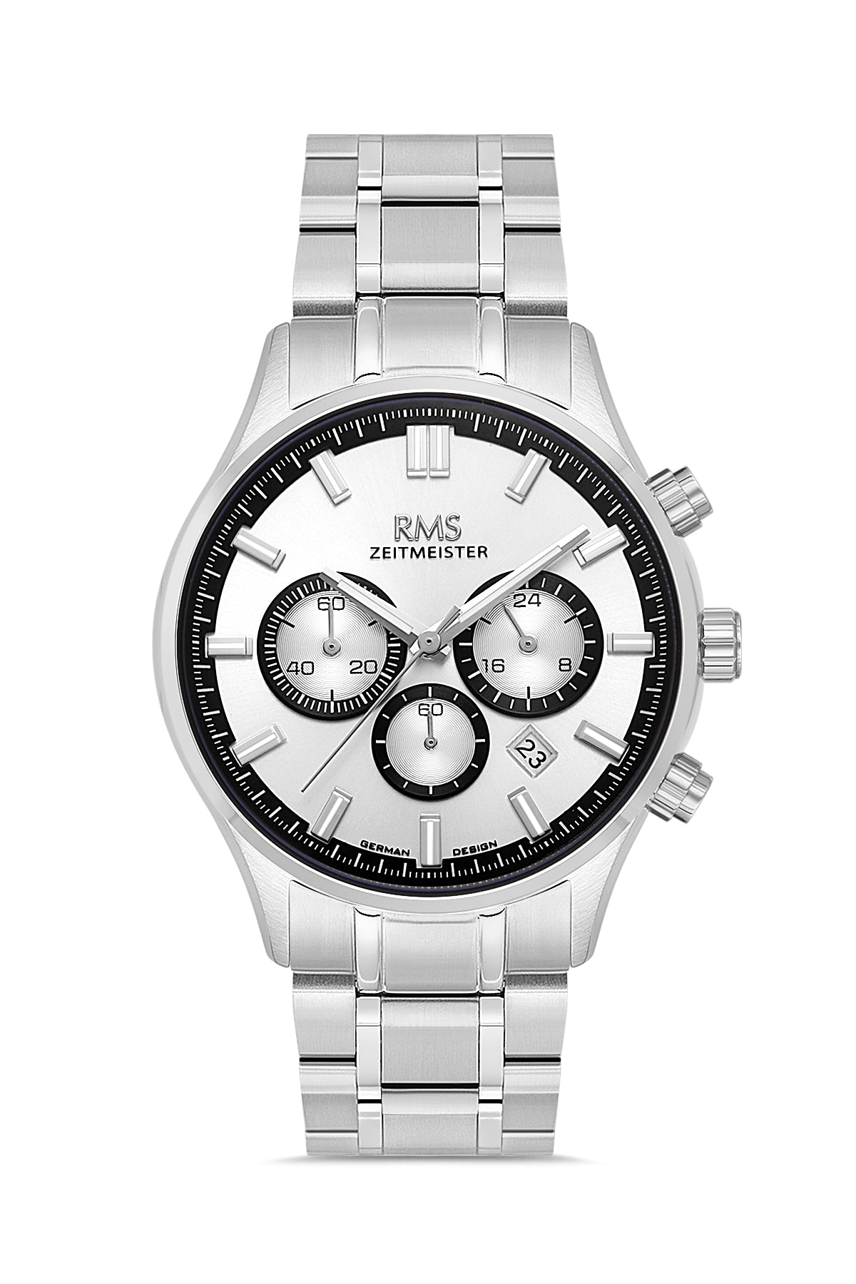 RMS Zeitmeister AG2196.10 men's watch with silver dial, silver-tone case and stainless steel bracelet – front view