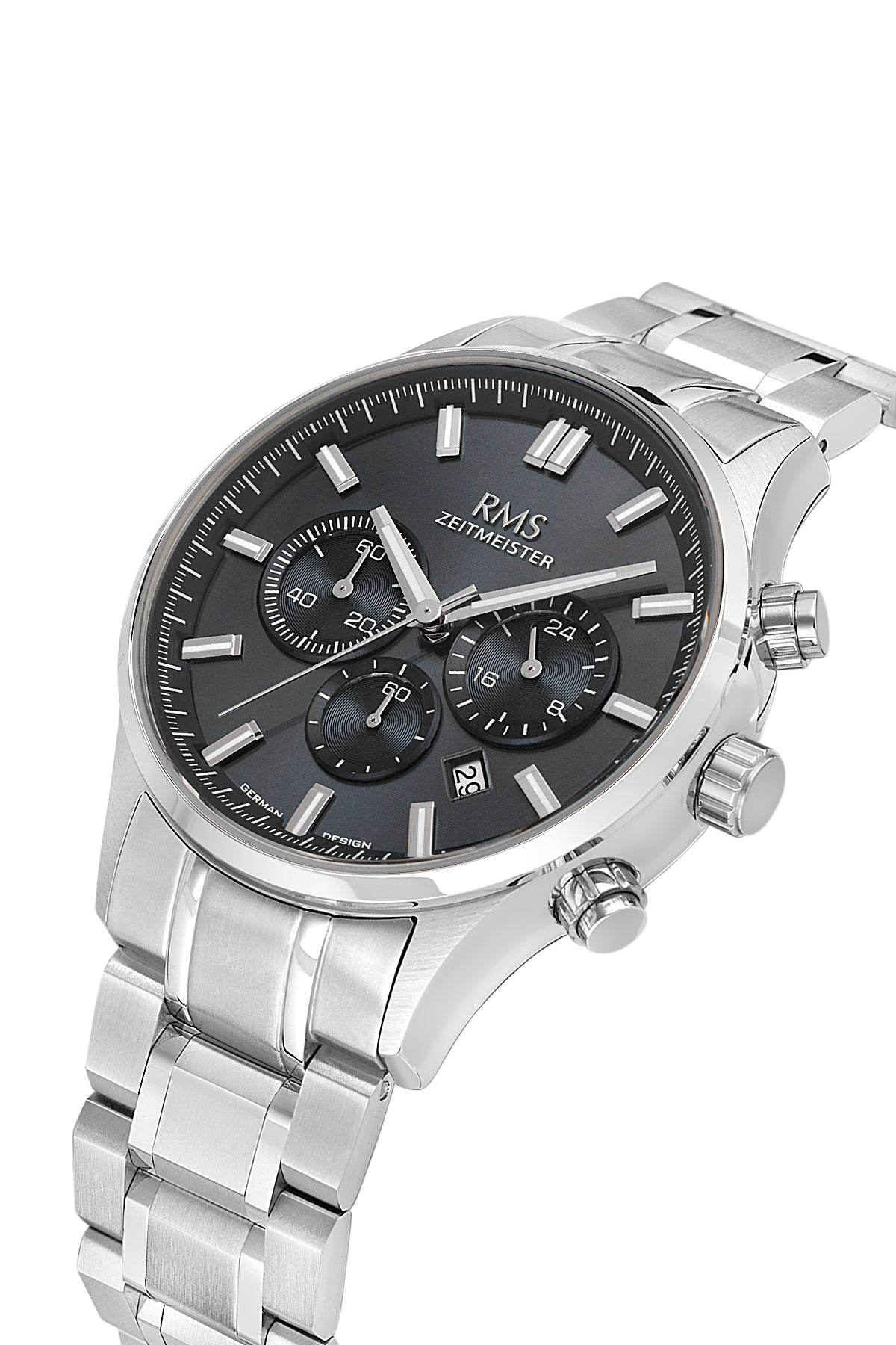 RMS Zeitmeister AG2196.12 men's watch with black dial, silver-tone case and stainless steel bracelet – angled view