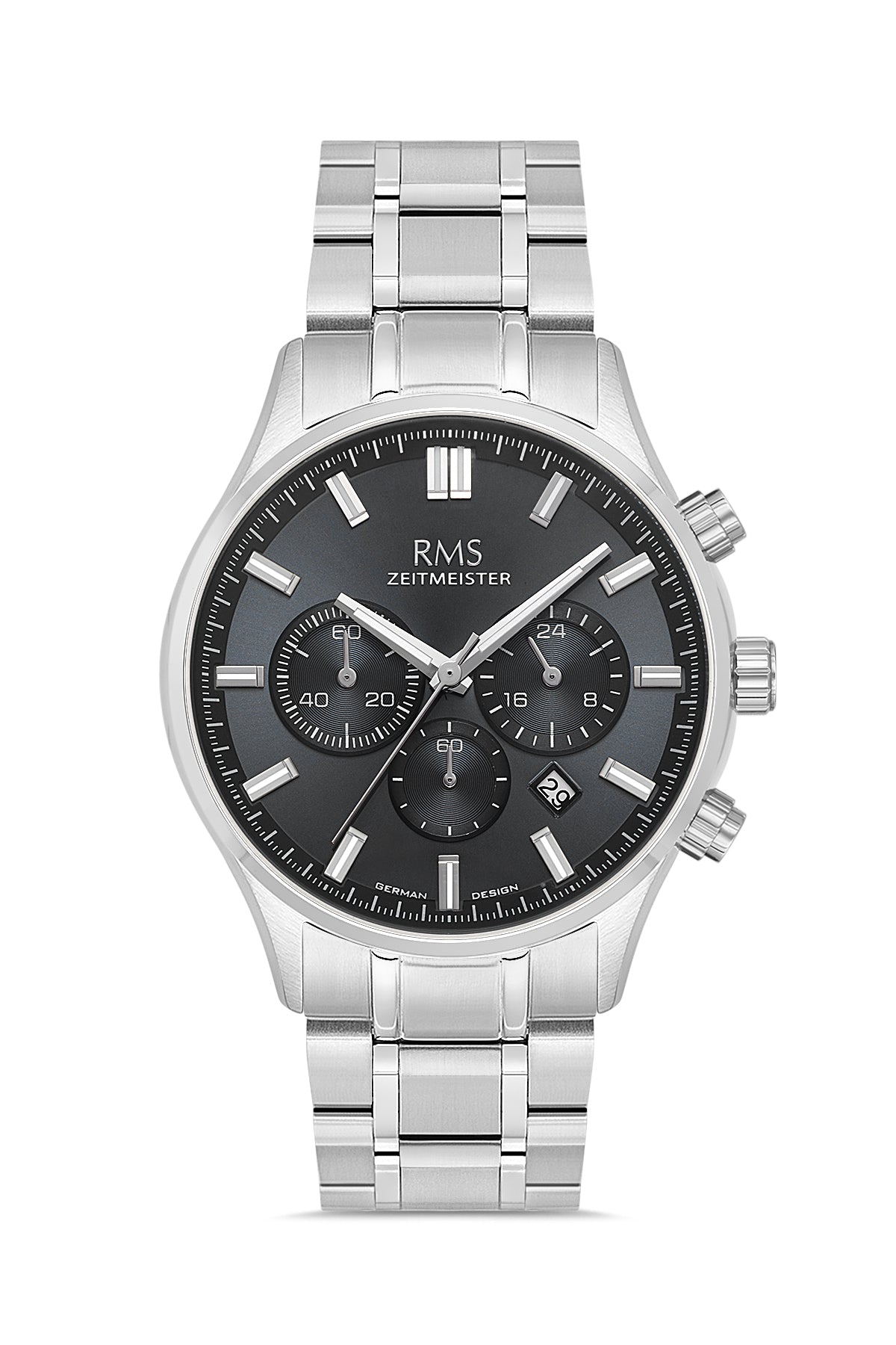 RMS Zeitmeister AG2196.12 men's watch with black dial, silver-tone case and stainless steel bracelet – front view