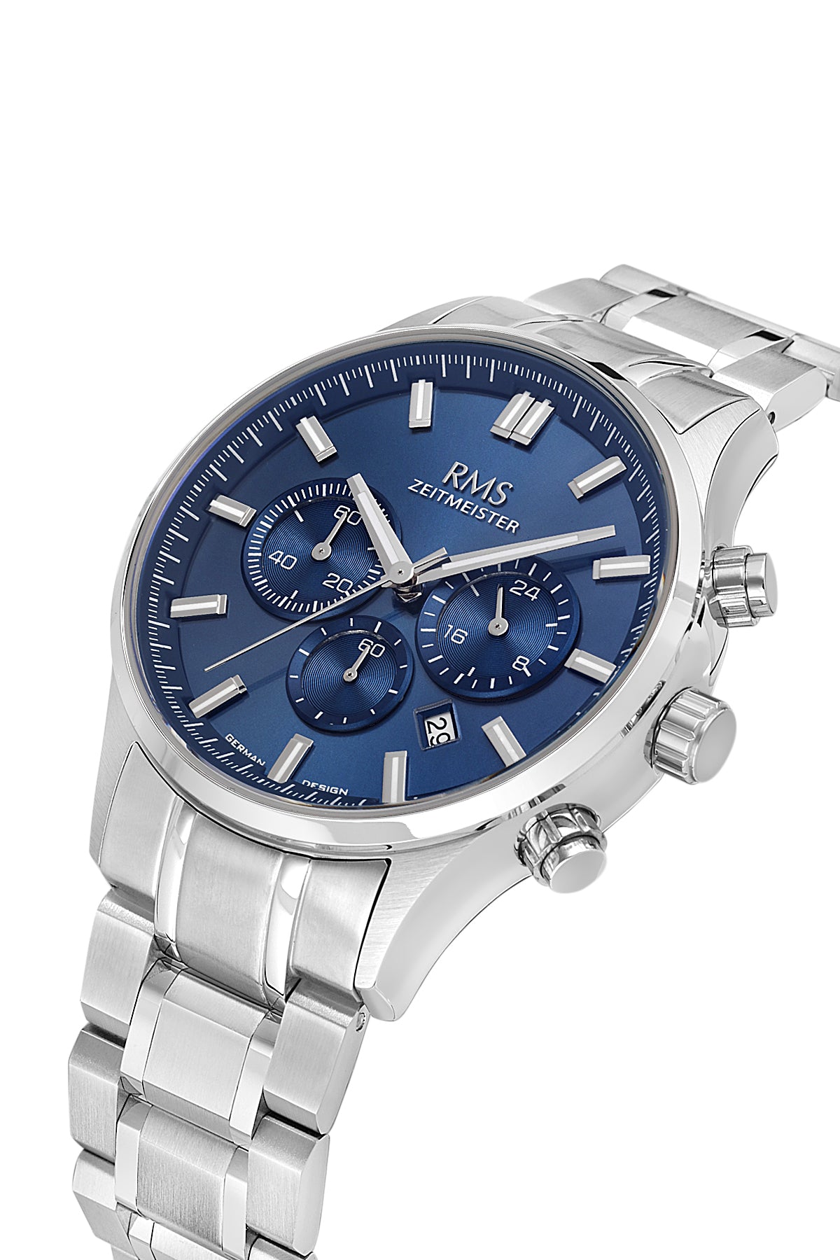 RMS Zeitmeister AG2196.13 men's watch with blue dial, silver-tone case and stainless steel bracelet – angled view