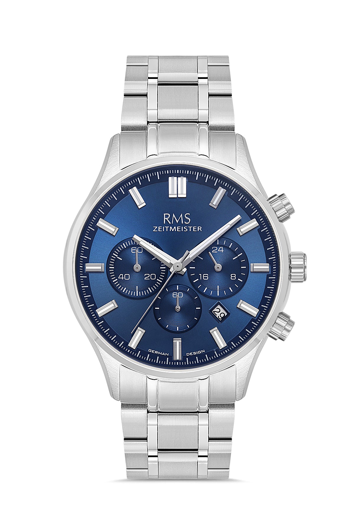 RMS Zeitmeister AG2196.13 men's watch with blue dial, silver-tone case and stainless steel bracelet – front view