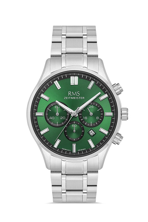 RMS Zeitmeister AG2196.19 men's watch with green dial, silver-tone case and stainless steel bracelet – front view