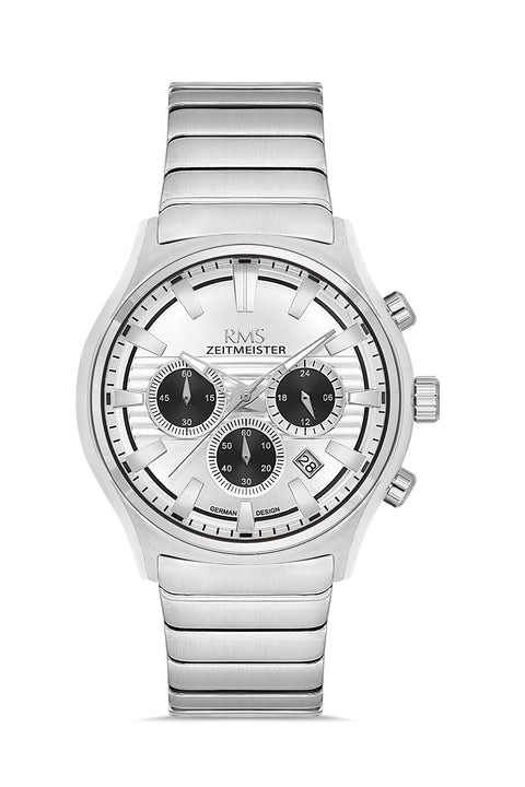 RMS Zeitmeister AG2201.10 men's watch with silver dial, silver-tone case and stainless steel bracelet – front view