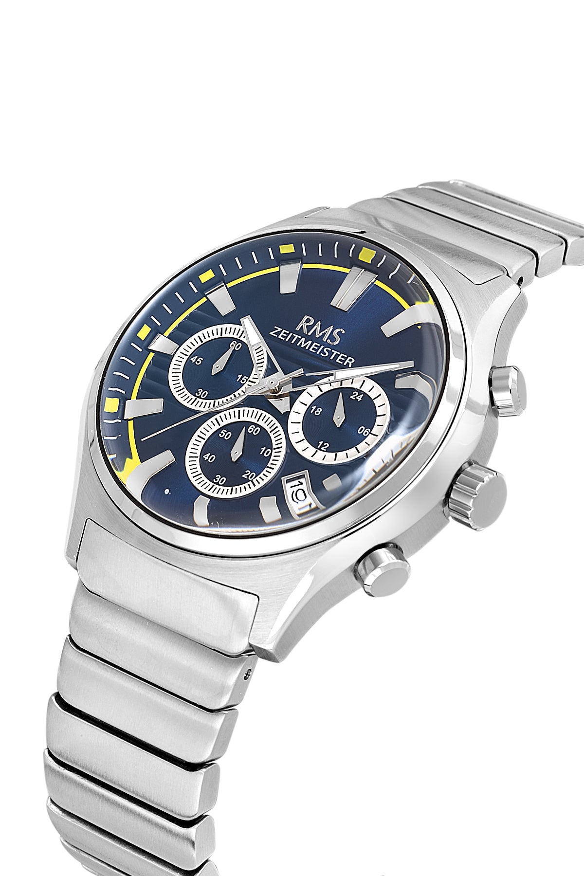 RMS Zeitmeister AG2201.118 men's watch with blue dial, silver-tone case and stainless steel bracelet – angled view