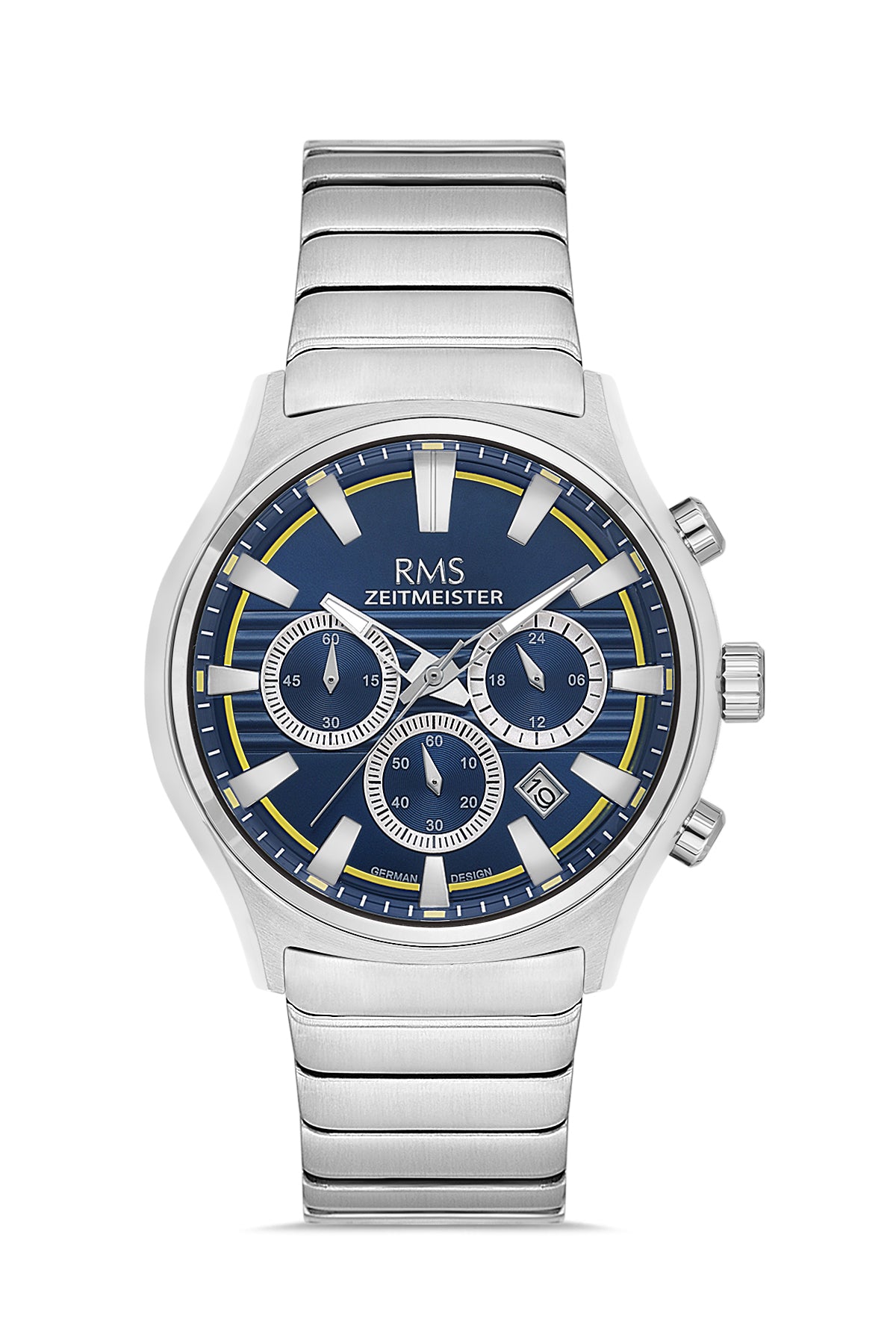 RMS Zeitmeister AG2201.118 men's watch with blue dial, silver-tone case and stainless steel bracelet – front view