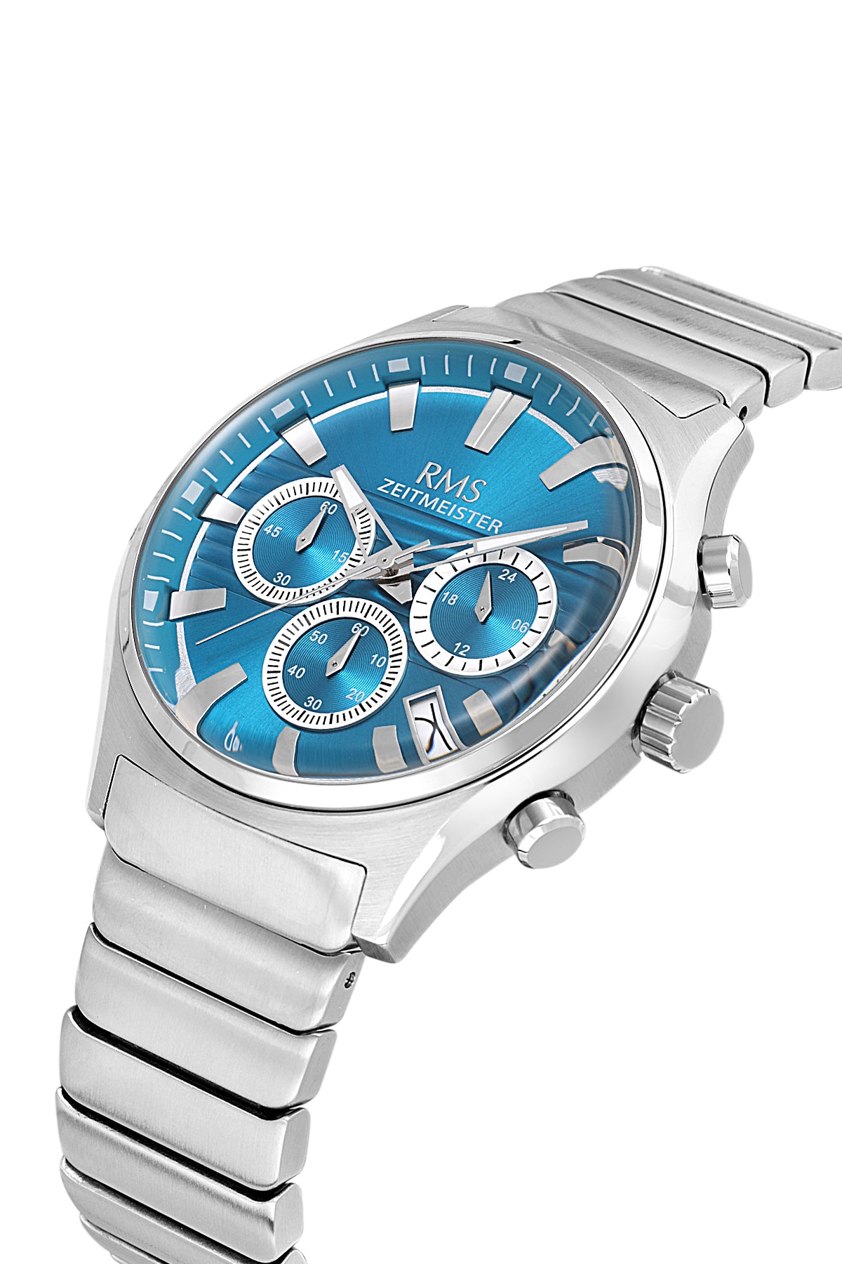 RMS Zeitmeister AG2201.119 men's watch with turquoise dial, silver-tone case and stainless steel bracelet – angled view