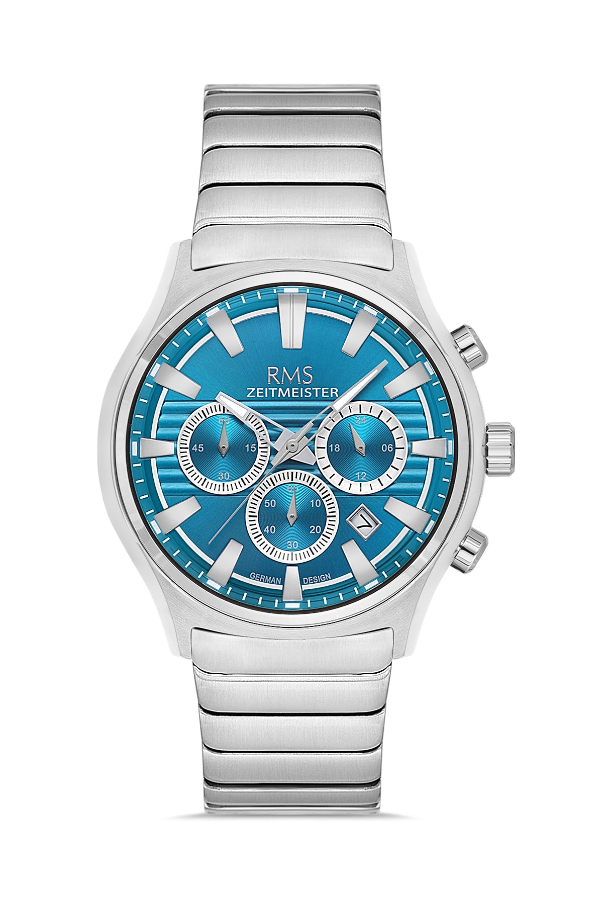 RMS Zeitmeister AG2201.119 men's watch with turquoise dial, silver-tone case and stainless steel bracelet – front view