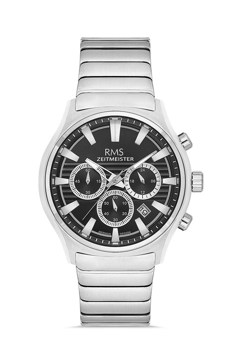 RMS Zeitmeister AG2201.12 men's watch with black dial, silver-tone case and stainless steel bracelet – front view