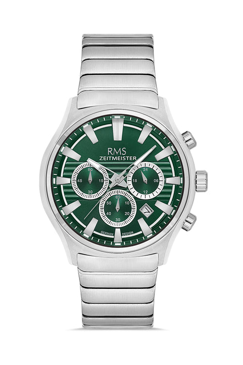 RMS Zeitmeister AG2201.19 men's watch with green dial, silver-tone case and stainless steel bracelet – front view