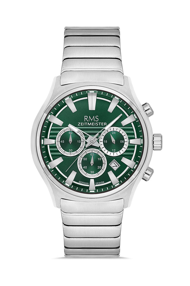 RMS Zeitmeister AG2201.19 men's watch with green dial, silver-tone case and stainless steel bracelet – front view