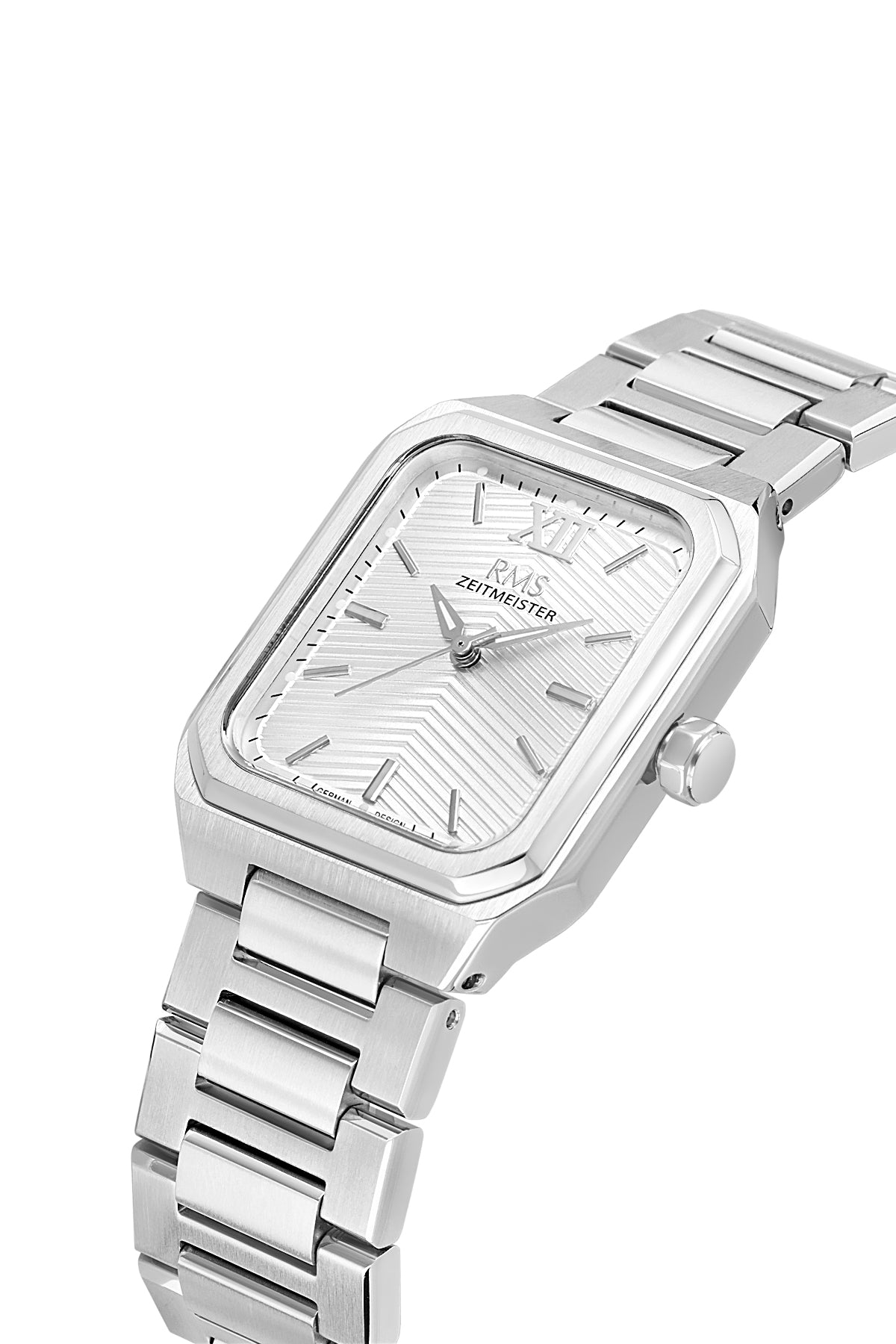 RMS Zeitmeister AG2204.10 men's watch with silver dial, silver-tone case and stainless steel bracelet – angled view