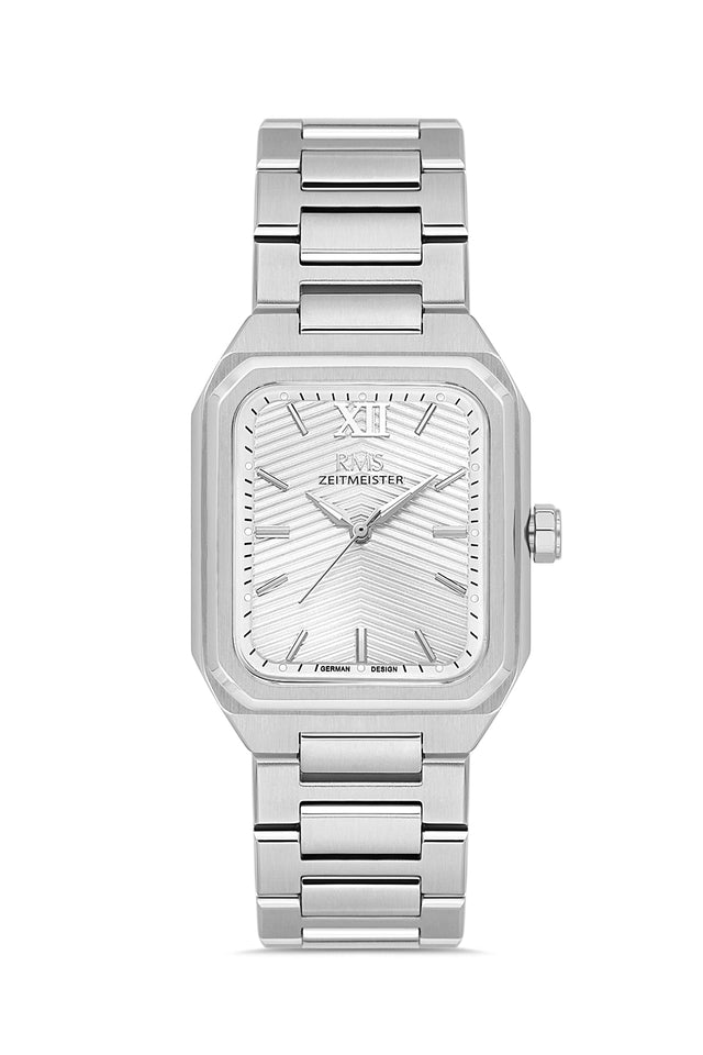 RMS Zeitmeister AG2204.10 men's watch with silver dial, silver-tone case and stainless steel bracelet – front view