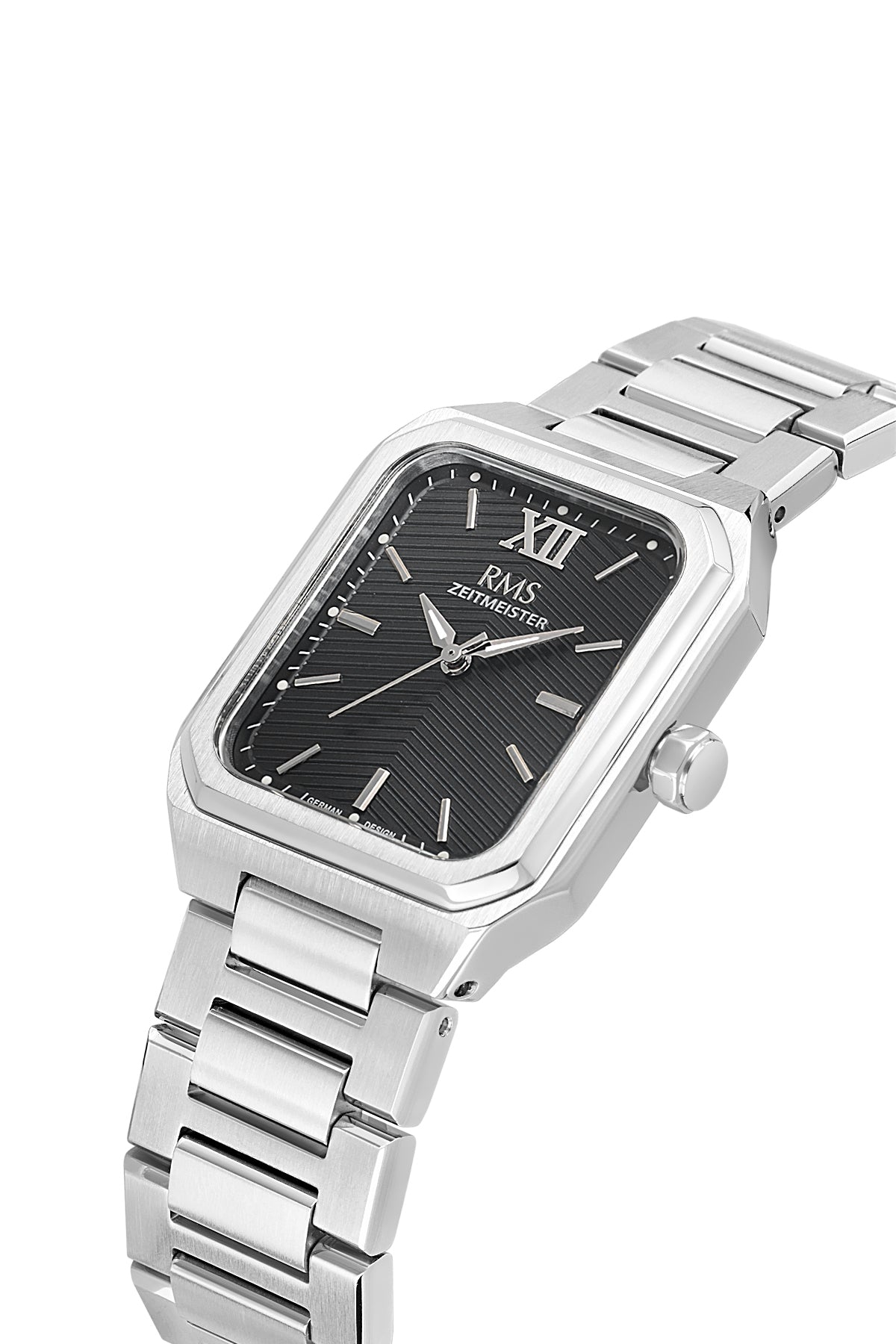 RMS Zeitmeister AG2204.12 men's watch with black dial, silver-tone case and stainless steel bracelet – angled view