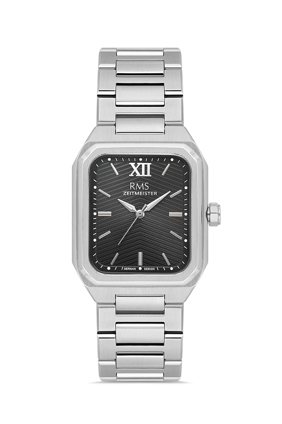 RMS Zeitmeister AG2204.12 men's watch with black dial, silver-tone case and stainless steel bracelet – front view