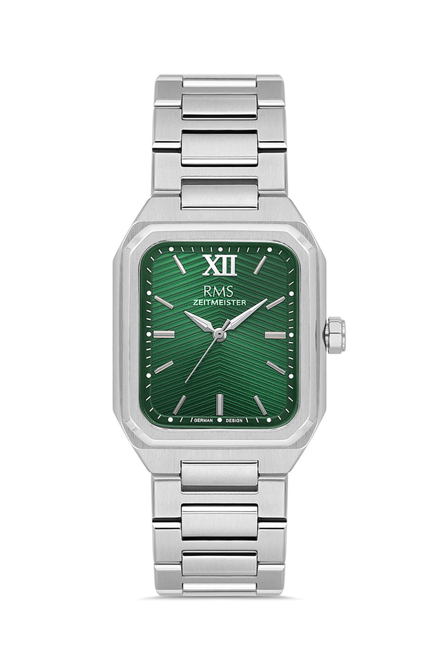 RMS Zeitmeister AG2204.19 men's watch with green dial, silver-tone case and stainless steel bracelet – front view