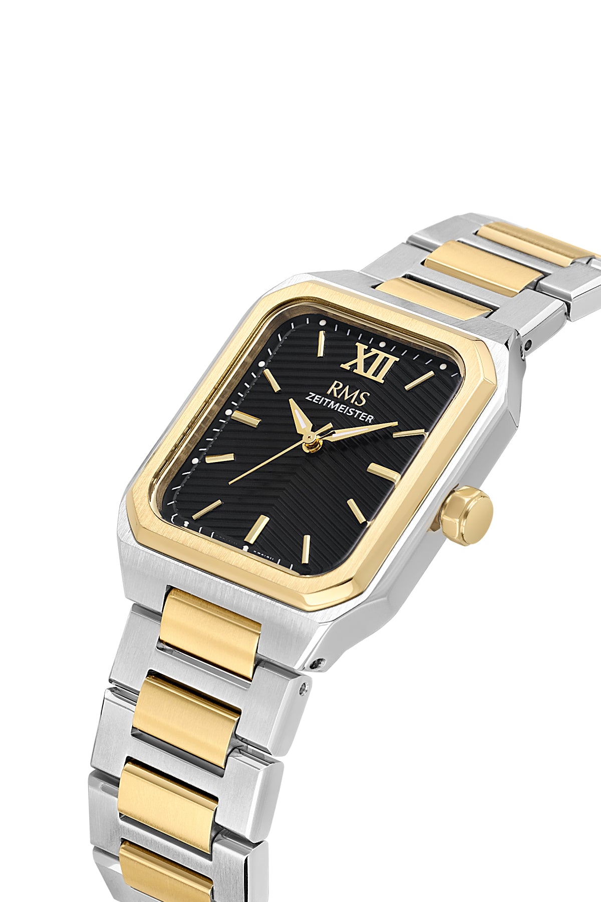RMS Zeitmeister AG2204.42 men's watch with black dial, two-tone case and stainless steel bracelet – angled view