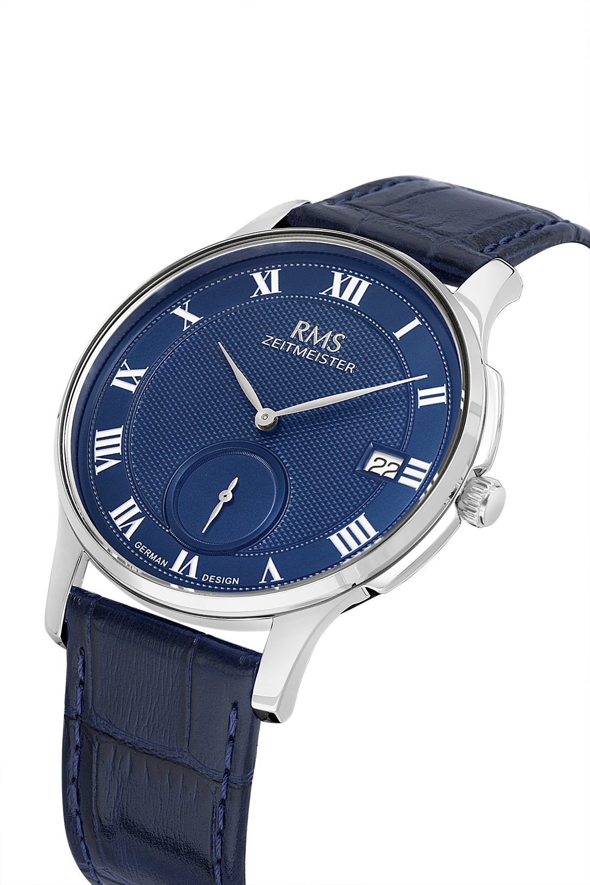 RMS Zeitmeister AG2215.103 men's watch with blue dial, silver-tone case and blue genuine leather strap – angled view