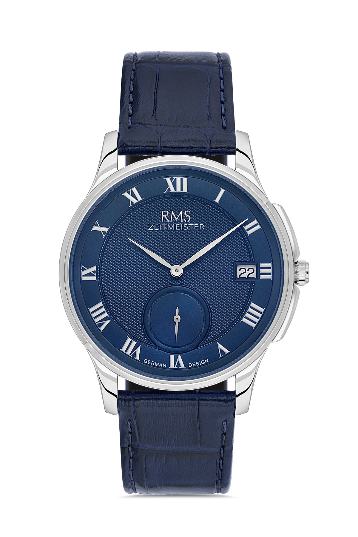 RMS Zeitmeister AG2215.103 men's watch with blue dial, silver-tone case and blue genuine leather strap – front view